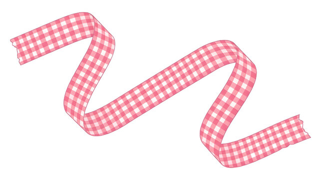 A decorative wavy pink and white gingham checkered pattern fabric ribbon strip