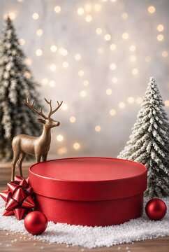 Rentierfigur und dekorative Weihnachtsb&auml;ume neben einem roten rundem Podest .