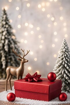 Rentierfigur und dekorative Weihnachtsb&auml;ume neben einem roten Geschenk.