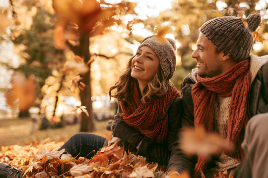 Content couple enjoying the autumn scenery in a park
