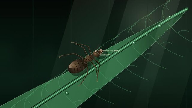 2D animation of Ophiocordyceps unilateralis fungus infecting a carpenter ant illustrating the death grip mycelial growth stroma extension and spore release