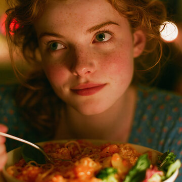 Young woman looking at her healthy meal in a cozy restaurant with looking down