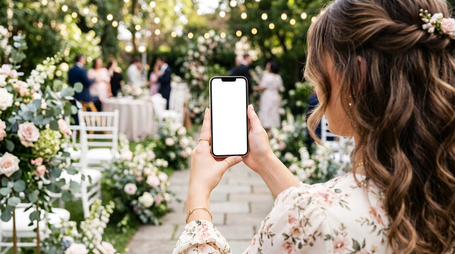 Hand holding mobile smartphone with blank white mockup screen, female guest in floral dress at outdoor garden wedding reception using digital event RSVP and seating chart app
