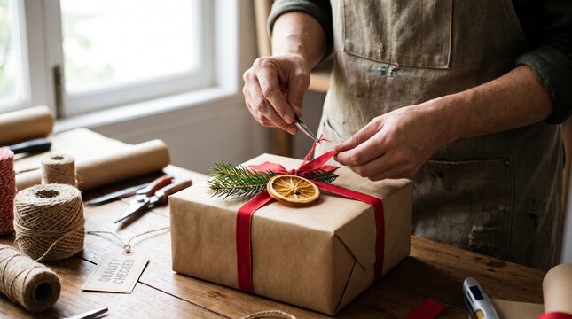Man in apron wrapping gift box in craft paper with red ribbon and dried orange slice. Hands decorating present with twine, scissors and fir branch on wooden table.