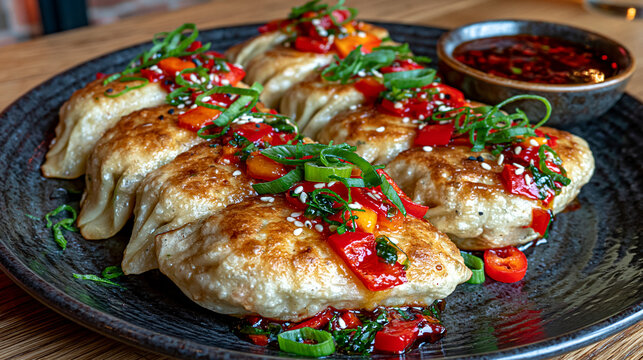Pan-fried dumplings with red chili sauce and sliced scallions on a dark plate