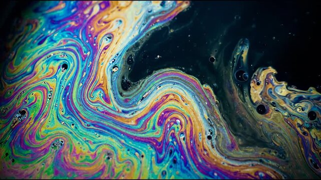 Bright colors swirl and blend as soap bubbles create patterns on a dark surface. The colors shift and change in a flowing motion. Small droplets are visible