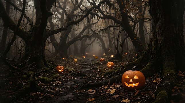 Glowing jack o lantern pumpkin on a forest path at night with halloween