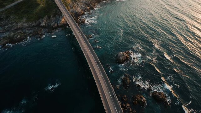 Aerial drone view of a coastal road and bridge with waves crashing against rocks during sunset