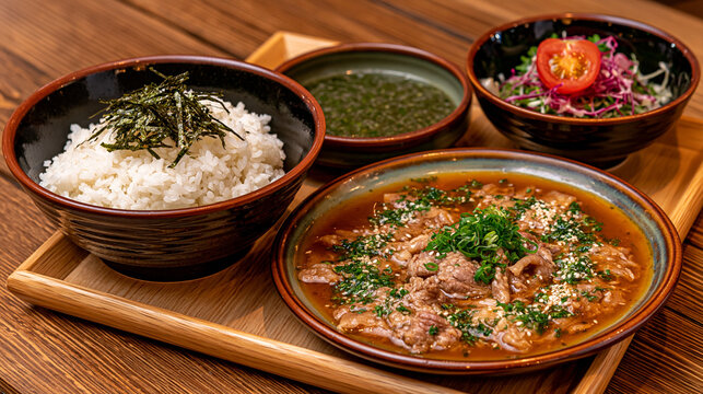 Traditional japanese set meal with rice and sliced beef in savory sauce