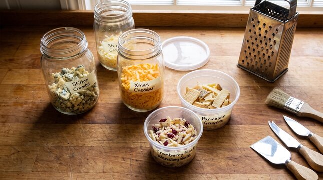 Jars and containers filled with grated cheese varieties like cheddar and stilton on wooden table. Metal grater and cheese knives placed beside labeled storage boxes.