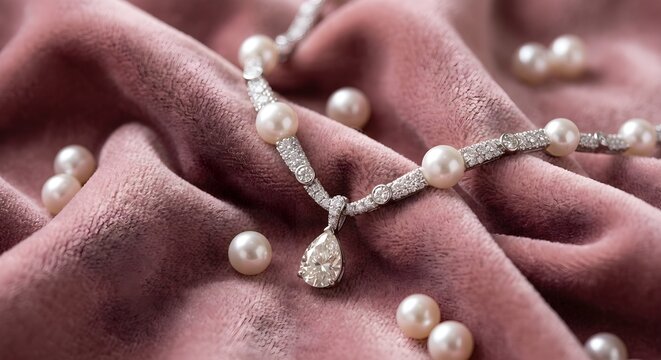 Delicate Silver Diamond Necklace and Pearls Resting on Soft Dusty Pink Velvet