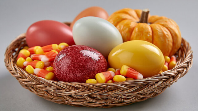 Wicker basket filled with colorful festive eggs and miniature decorative pumpkins