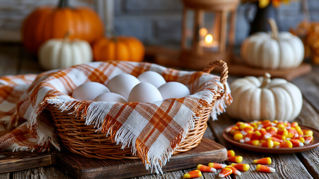 Basket of raw white eggs with pumpkins and autumn candy for halloween
