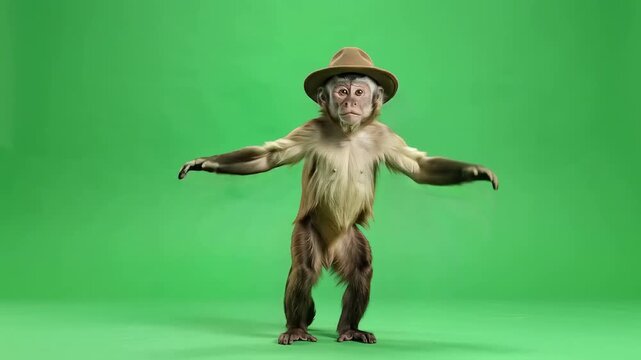Dancing monkey wearing a brown hat on green screen background