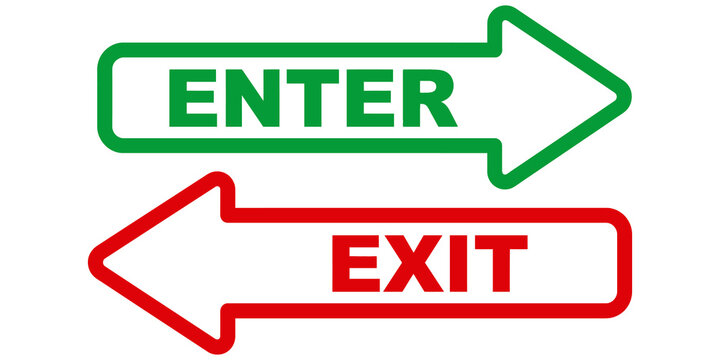 Green enter and red exit arrow direction signs with bold typography.