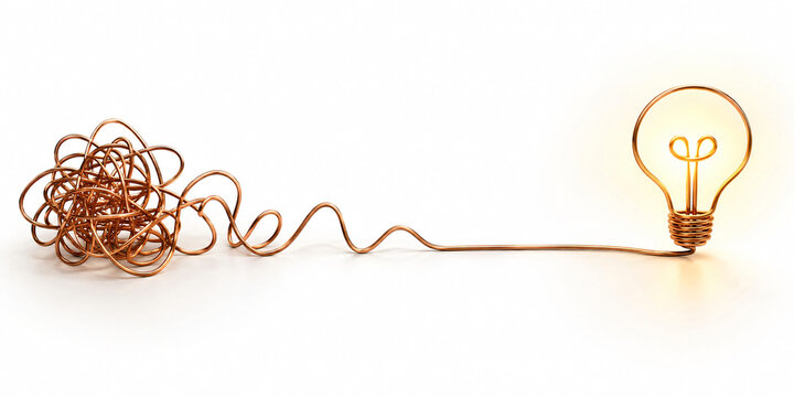 Tangled wire transforming into glowing lightbulb concept