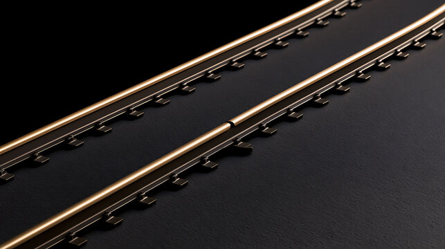 A close up view of miniature model train tracks on a dark background showcasing metallic rails and black ties for hobby and design work