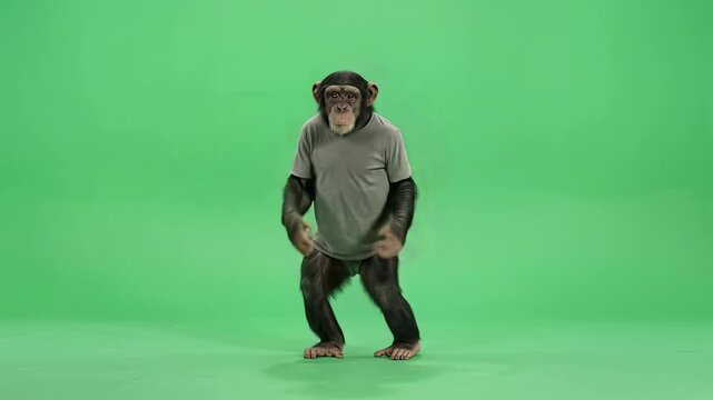 Dancing monkey in grey shirt moves with rhythm on green background