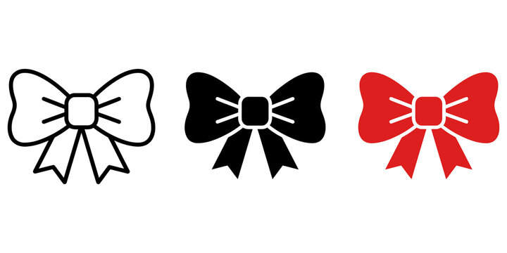 Charming ribbon bow icons in outline black and red on transparent background.