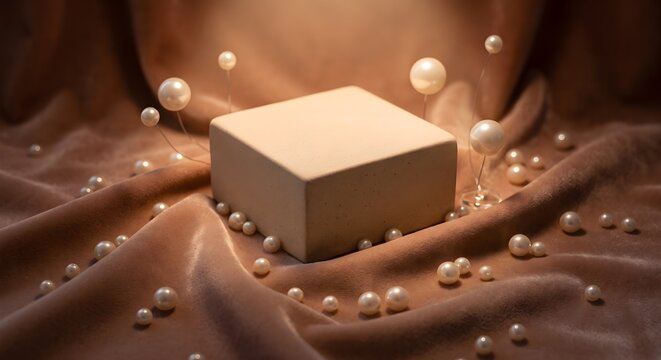 Minimalist Square Product Podium Stand on Draped Brown Satin with Floating Pearls