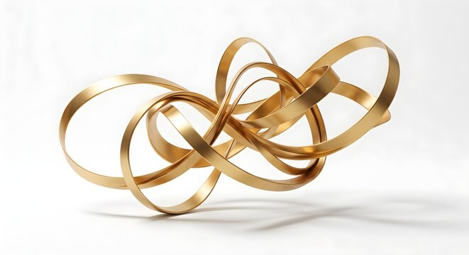 Modern 3D Abstract Golden Ribbon Loop Sculpture on Clean White Background