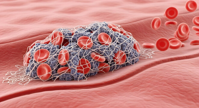 Medical representation of blood clot formation with erythrocytes trapped in fibrin network.