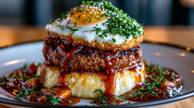 Juicy hamburger steak patty topped with sunny side up egg and savory gravy