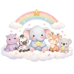 Fototapeta premium Cute baby animals on clouds with rainbow in pastel illustration