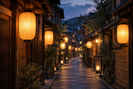 Chochin paper lantern glowing night market alley