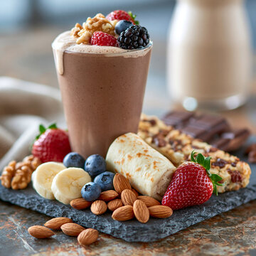 Chocolate smoothie with fresh berries nuts granola bar on a stone platter snack bar