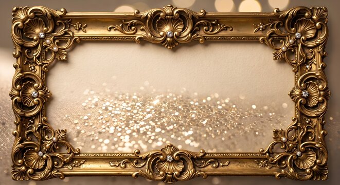 Antique Ornate Golden Frame Filled with Brilliant Sparkling Cut Diamonds and Glitter