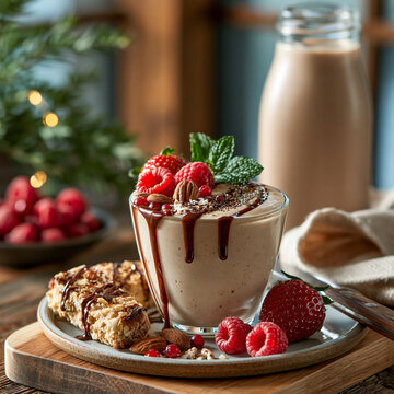 Chocolate smoothie topped with raspberries and fresh mint on a plate