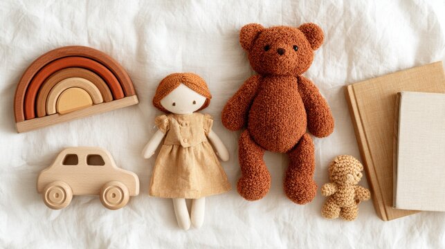 A flat lay features Scandinavian toys a wooden rainbow stacker, car, cloth doll, knitted bear, and board books on white linen.