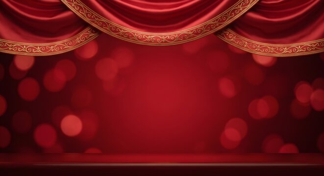 Deep Red Theater Stage Curtain Backdrop Illuminated by Warm Glowing Bokeh Lights