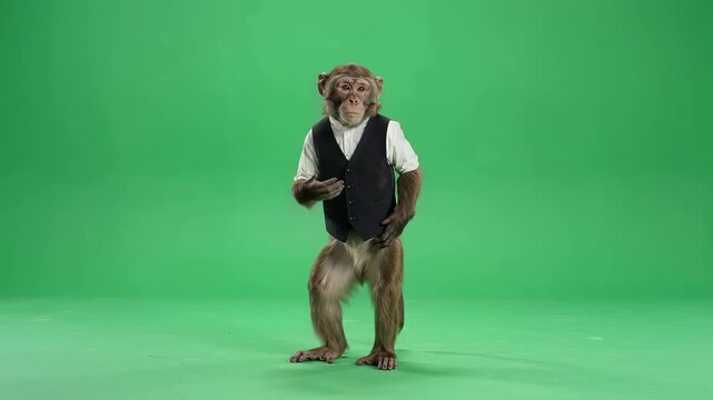 Dancing monkey wearing a vest performing on green screen background
