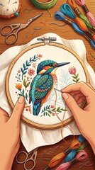 Fototapeta premium Hand Embroidering Colorful Hummingbird Design on Fabric.
