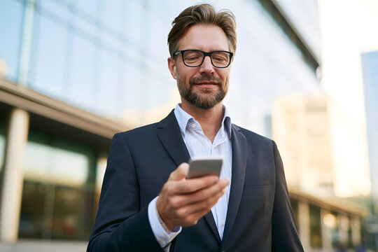 A successful businessperson wearing glasses is currently on their phone outdoors.