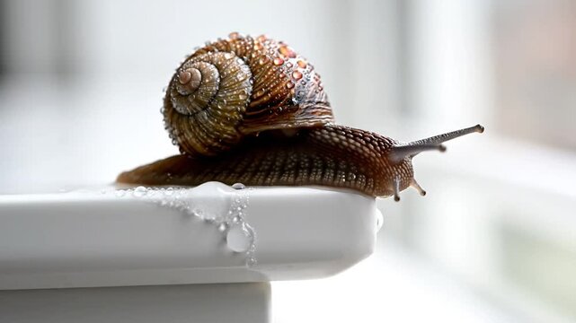 Close-up of a wet snail with a brown shell resting on a white, clean, and glossy surface