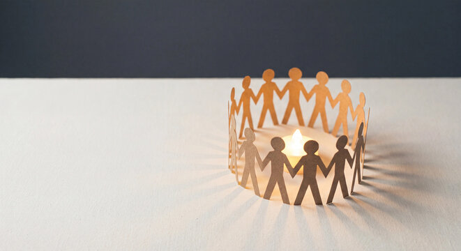 Paper people chain circle around glowing candle photo on white table community concept
