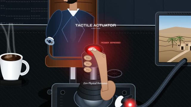 2D animation of a drone operator pressing a red button on a joystick to bomb a distant desert target on a screen while casually drinking coffee, illustrating emotional detachment in modern warfare