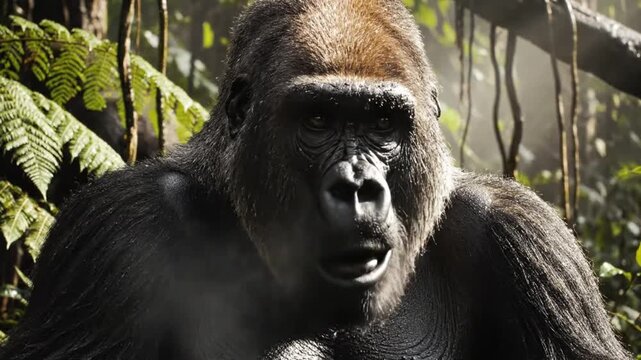 Intimate view of a majestic silverback gorilla observing while communicating in its natural rainforest habitat