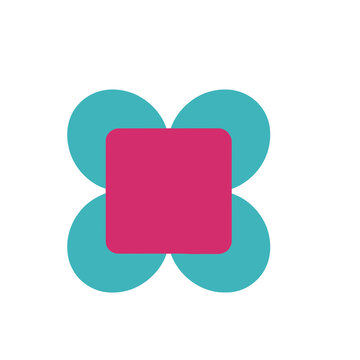 Pink rounded square with teal circles abstract design