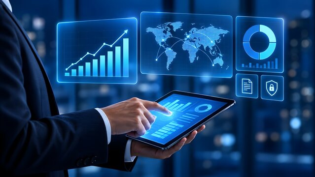 Businessman using tablet with financial charts and world map