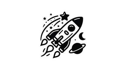 A retro rocket ship with planets and stars is a black silhouette © MdRakib