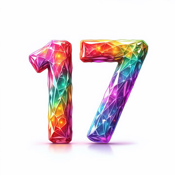 The number 17 is depicted as a vibrant, rainbow-colored, crystal-like structure on a white background, making it a beautiful birthday illustration.