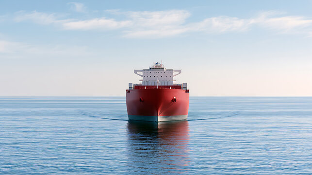 A red cargo ship navigates across the calm blue sea under a clear sky, representing global trade, logistics, and ocean freight transport