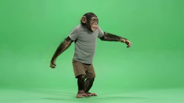 Dancing monkey wearing a grey shirt and shorts on a green screen