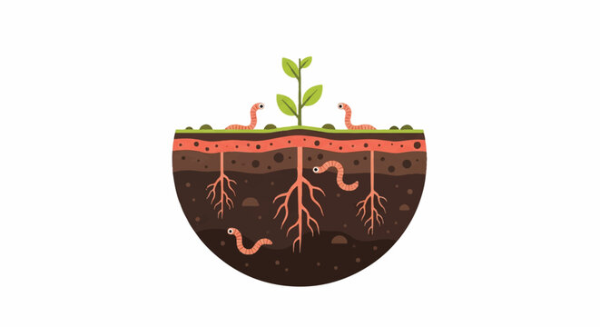 A minimalist flat vector of a circular soil cross-section showing earthworms and healthy roots in dark nutrient-rich earth, bright diffused lighting, clean composition with ample white space,