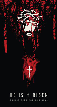 He Is Risen Christian Easter Poster with Jesus Christ, Sacred Heart and Cross for Church, T-Shirts and Religious Design