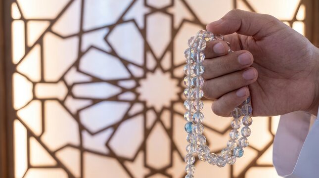 Hand holding prayer beads with geometric background.